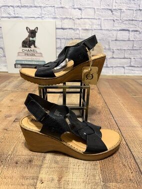 Born Sandals 10 M Black Leather Nina Woven Wedge Comfort Adjustable Strap New